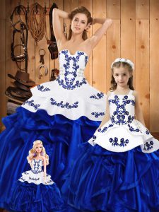 Noble Ball Gowns Quinceanera Dresses Blue Strapless Organza Sleeveless Floor Length Lace Up