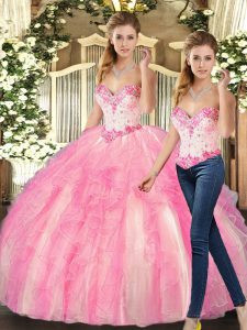 Rose Pink Organza Lace Up Sweetheart Sleeveless Floor Length Quinceanera Dresses Beading and Ruffles