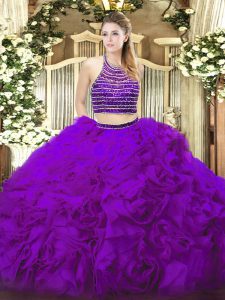 Enchanting Beading and Ruffles 15th Birthday Dress Eggplant Purple Lace Up Sleeveless Floor Length