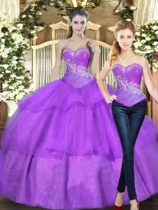 Spectacular Eggplant Purple Ball Gowns Sweetheart Sleeveless Tulle Floor Length Lace Up Beading and Ruffled Layers 15th Birthday Dress