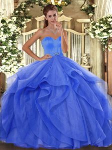 Comfortable Blue Ball Gowns Tulle Sweetheart Sleeveless Beading and Ruffles Floor Length Lace Up Sweet 16 Dresses