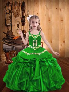 Sleeveless Organza Floor Length Lace Up Kids Pageant Dress in Green with Embroidery and Ruffles