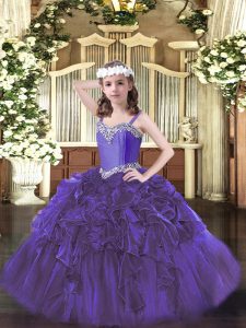 Straps Sleeveless Pageant Dress for Girls Floor Length Beading and Ruffles Purple Organza