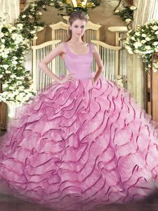 Zipper Sweet 16 Dresses Rose Pink for Military Ball and Sweet 16 and Quinceanera with Ruffled Layers Brush Train