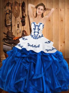 Embroidery and Ruffles Quinceanera Dress Blue Lace Up Sleeveless Floor Length