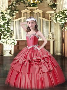 Coral Red Ball Gowns Straps Sleeveless Organza and Taffeta Floor Length Lace Up Beading and Ruffled Layers Little Girl Pageant Gowns