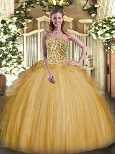 Gold Sweetheart Neckline Beading and Ruffles Sweet 16 Quinceanera Dress Sleeveless Lace Up