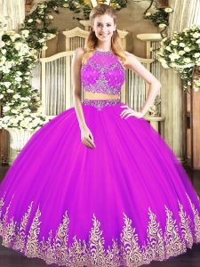 Flirting Fuchsia Scoop Zipper Beading and Appliques Quinceanera Gown Sleeveless