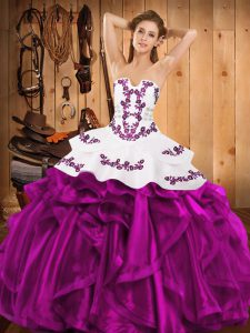 Super Strapless Sleeveless Sweet 16 Dresses Floor Length Embroidery and Ruffles Fuchsia Satin and Organza