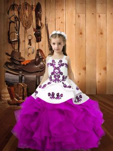 Simple Fuchsia Organza Lace Up Straps Sleeveless Floor Length Pageant Gowns For Girls Embroidery and Ruffles