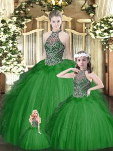 Most Popular Green Tulle Lace Up Sweet 16 Quinceanera Dress Sleeveless Floor Length Beading and Ruffles