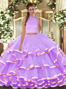 Lavender Halter Top Backless Beading and Ruffled Layers Vestidos de Quinceanera Sleeveless