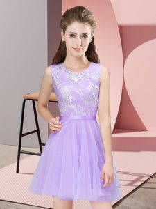 Artistic Lavender Tulle Side Zipper Scoop Sleeveless Mini Length Dama Dress for Quinceanera Lace