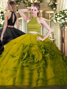 Affordable Olive Green Quinceanera Gowns Military Ball and Sweet 16 and Quinceanera with Beading and Ruffles Halter Top Sleeveless Backless