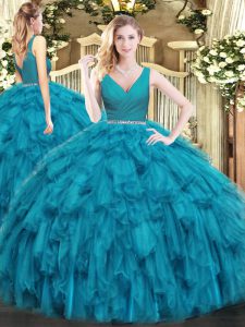 Affordable Ball Gowns 15 Quinceanera Dress Teal V-neck Tulle Sleeveless Floor Length Zipper