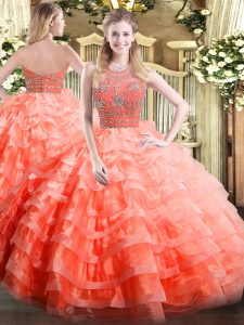 Orange Red Organza Zipper Quinceanera Dresses Sleeveless Floor Length Beading and Ruffled Layers