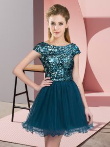 Ideal Mini Length A-line Cap Sleeves Teal Quinceanera Court Dresses Zipper