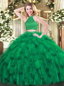 Extravagant Ball Gowns Ball Gown Prom Dress Green Halter Top Organza Sleeveless Floor Length Backless