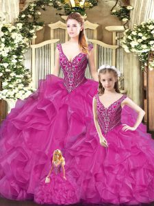 Glittering Red Sweet 16 Dress Military Ball and Sweet 16 and Quinceanera with Beading and Ruffles Straps Sleeveless Lace Up