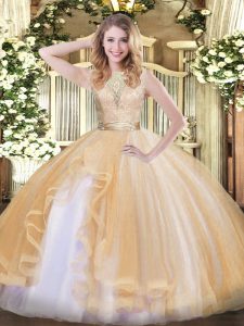 Deluxe Champagne Organza Backless Sweet 16 Dress Sleeveless Floor Length Lace and Ruffles