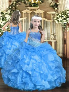 Elegant Ball Gowns Little Girls Pageant Dress Baby Blue Straps Organza Sleeveless Floor Length Lace Up