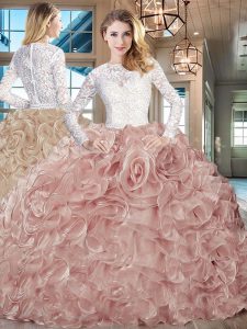 Pink And White Scoop Lace Up Beading and Ruffles Quinceanera Dresses Brush Train Long Sleeves