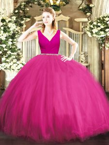 Fuchsia 15th Birthday Dress Military Ball and Sweet 16 and Quinceanera with Beading V-neck Sleeveless Zipper