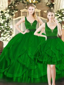 Custom Designed Dark Green Straps Neckline Beading and Ruffles 15th Birthday Dress Sleeveless Lace Up