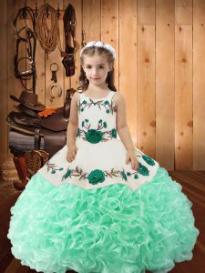 Apple Green Ball Gowns Straps Sleeveless Fabric With Rolling Flowers Floor Length Lace Up Embroidery and Ruffles Little Girls Pageant Gowns