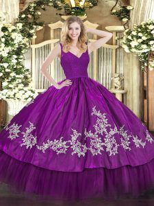 V-neck Sleeveless Zipper Sweet 16 Dress Fuchsia Taffeta