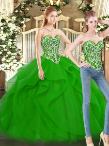 Spectacular Floor Length Lace Up Quince Ball Gowns Green for Military Ball and Sweet 16 and Quinceanera with Beading and Ruffles