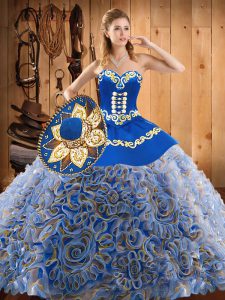 Low Price Multi-color Ball Gowns Satin and Fabric With Rolling Flowers Sweetheart Sleeveless Embroidery With Train Lace Up Quinceanera Gown Sweep Train