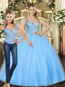 Straps Sleeveless Tulle Quince Ball Gowns Beading Lace Up