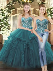 Eye-catching Teal Sweetheart Lace Up Beading and Ruffles Quinceanera Gowns Sleeveless