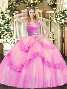 Custom Designed Rose Pink Sleeveless Floor Length Beading and Appliques Zipper Vestidos de Quinceanera