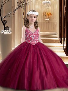 Floor Length Wine Red Girls Pageant Dresses V-neck Sleeveless Lace Up