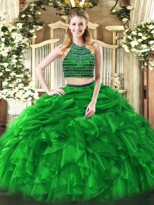 Hot Selling Sleeveless Tulle Floor Length Zipper 15th Birthday Dress in Green with Beading and Ruffles