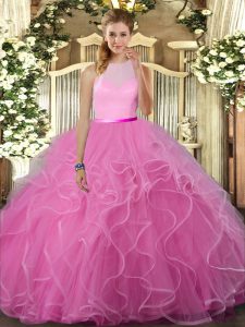 Beading and Ruffles Sweet 16 Dresses Rose Pink Backless Sleeveless Floor Length