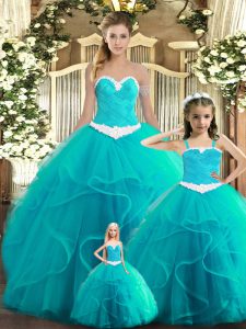 Aqua Blue Lace Up Sweet 16 Dress Ruffles Sleeveless Floor Length