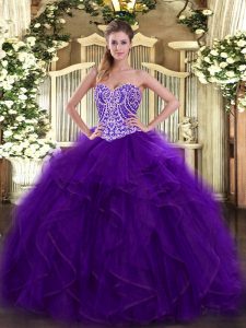 Sweetheart Sleeveless Organza Quinceanera Gowns Beading and Ruffles Lace Up