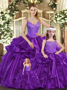 Elegant Organza Straps Sleeveless Lace Up Beading and Ruffles Sweet 16 Quinceanera Dress in Purple