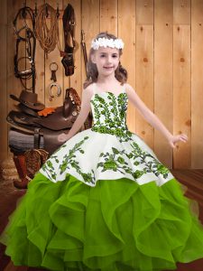 Olive Green Kids Formal Wear Sweet 16 and Quinceanera with Embroidery and Ruffles Straps Sleeveless Lace Up