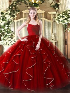 Best Selling Wine Red Organza Zipper Quinceanera Gowns Sleeveless Floor Length Ruffles