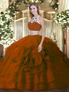 Free and Easy Brown Backless High-neck Beading and Ruffled Layers Quinceanera Dresses Tulle Sleeveless