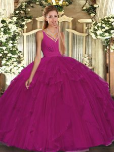 Best Selling Floor Length Backless Quinceanera Dress Fuchsia for Sweet 16 and Quinceanera with Beading and Ruffles