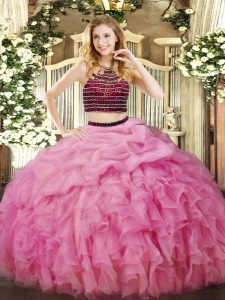 Ball Gowns Quinceanera Dress Rose Pink Halter Top Organza Sleeveless Floor Length Zipper