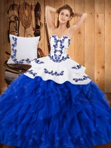 Strapless Sleeveless Lace Up Sweet 16 Quinceanera Dress Blue And White Satin and Organza