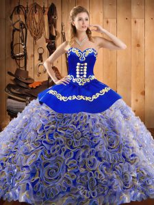 Traditional Multi-color Satin and Fabric With Rolling Flowers Lace Up Sweet 16 Quinceanera Dress Sleeveless With Train Sweep Train Embroidery