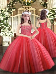 On Sale Coral Red Sleeveless Floor Length Beading Lace Up Little Girl Pageant Dress