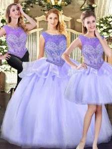 Dazzling Floor Length Lavender Quinceanera Dresses Organza Sleeveless Beading